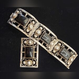 Early Mexican Silver Onyx Bracelet and Brooch Set Delicate Lacy Renaissance